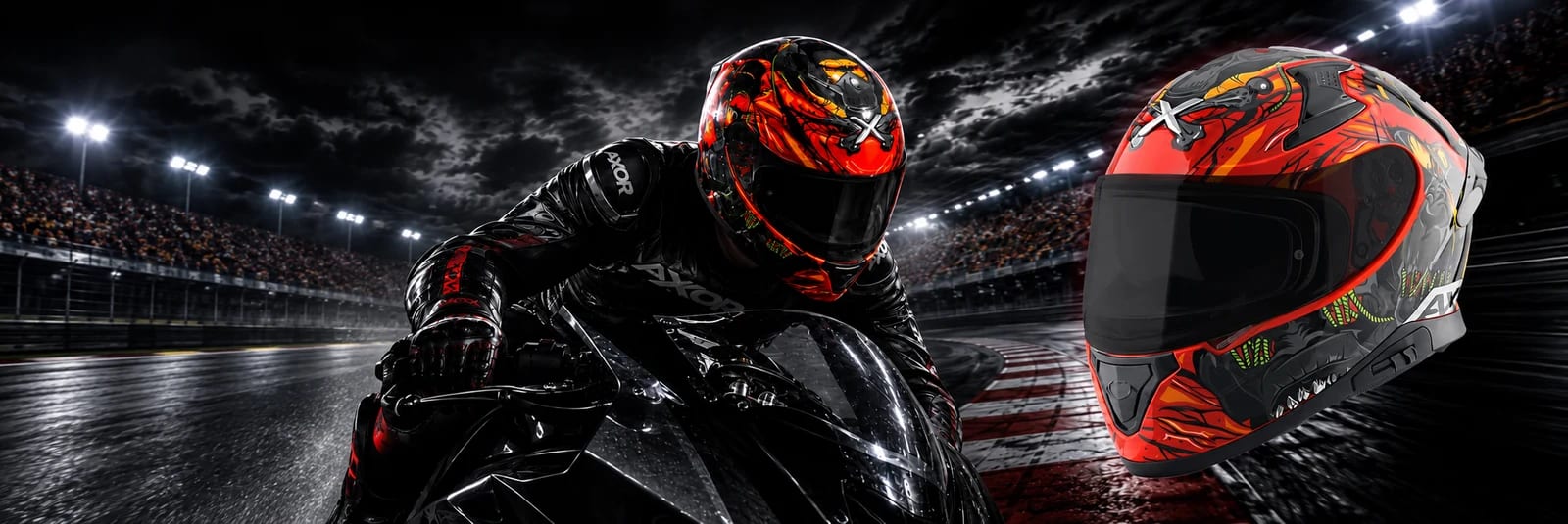 AXOR patterned motorcycle helmet and rider from Bike It